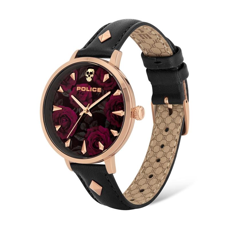 Police Miona ladies watch with rose gold case, black floral dial, skull detail, and black leather strap with stud accents.