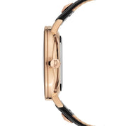 Police Miona ladies watch featuring a sleek IP rose gold case, branded crown, and elegant black leather strap.