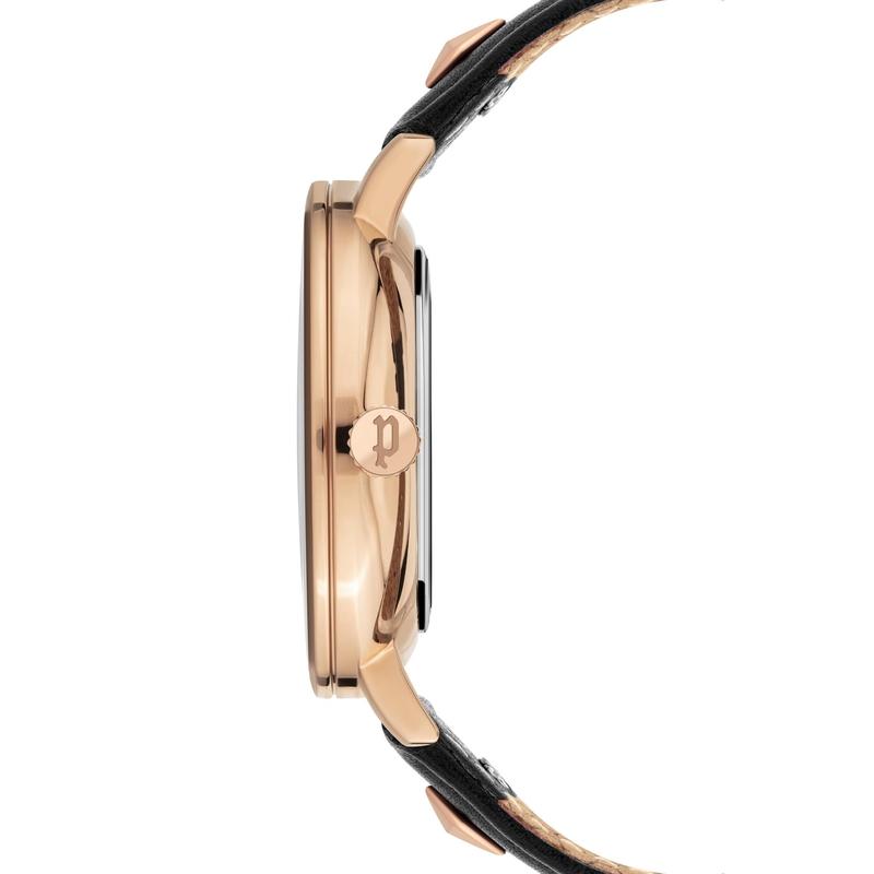 Police Miona ladies watch featuring a sleek IP rose gold case, branded crown, and elegant black leather strap.