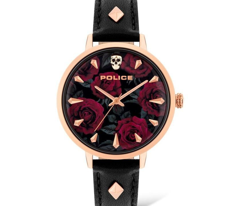 Police Miona ladies watch with rose gold case, black floral dial, skull detail, and black leather strap with stud accents.