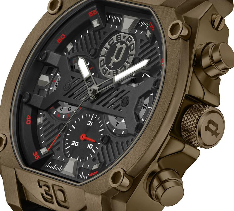 Police Norwood 45mm multifunction watch featuring a bold bronze metal case, black sunray dial, and durable black silicone strap.