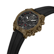 Police Norwood 45mm men's watch with a bold bronze case, black sunray multifunction dial, and durable black silicone strap.