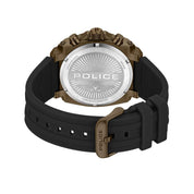 Police Norwood men's watch featuring a bronze metal case, durable black silicone strap, and engraved stainless steel back.