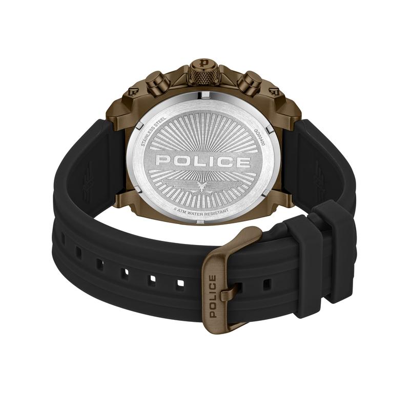 Police Norwood men's watch featuring a bronze metal case, durable black silicone strap, and engraved stainless steel back.