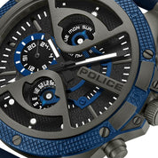 Police Surigao multifunction watch with a bold blue and gunmetal case, textured dial, and durable blue silicone strap.