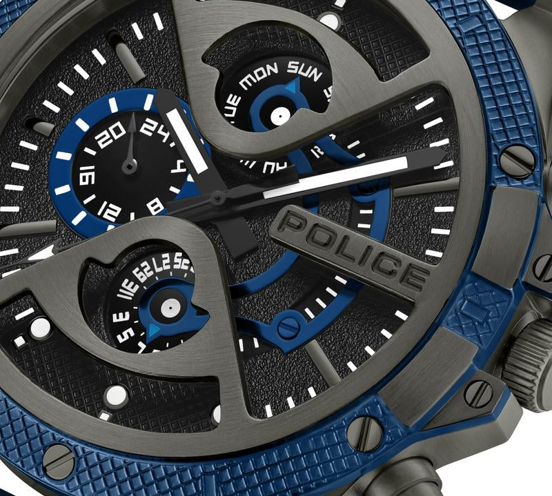 Police Surigao multifunction watch with a bold blue and gunmetal case, textured dial, and durable blue silicone strap.