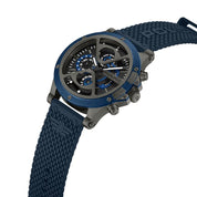 Police Surigao men's multifunction watch with a blue silicone strap, industrial metal case, and detailed black sunray dial.
