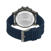 Back view of Police Surigao watch with blue silicone strap and metallic case featuring engraved logo and screw details.