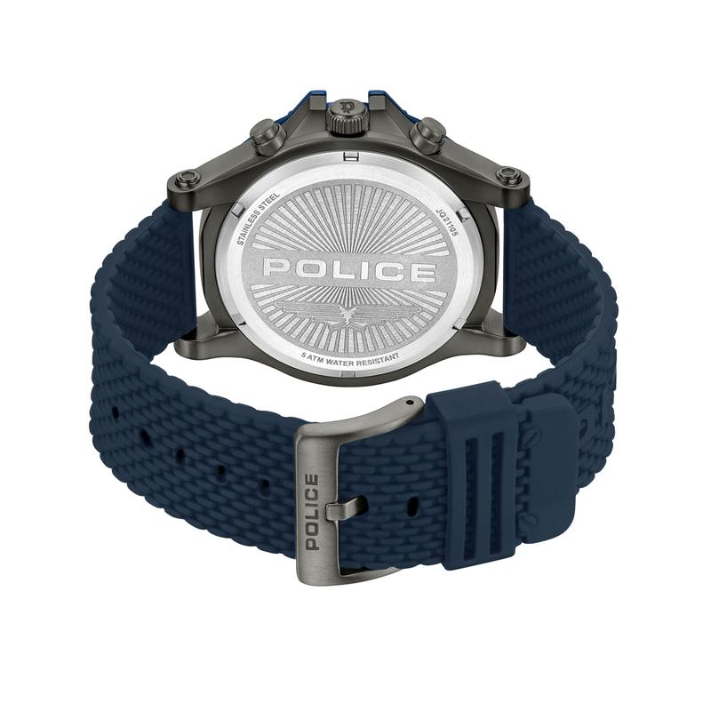 Back view of Police Surigao watch with blue silicone strap and metallic case featuring engraved logo and screw details.
