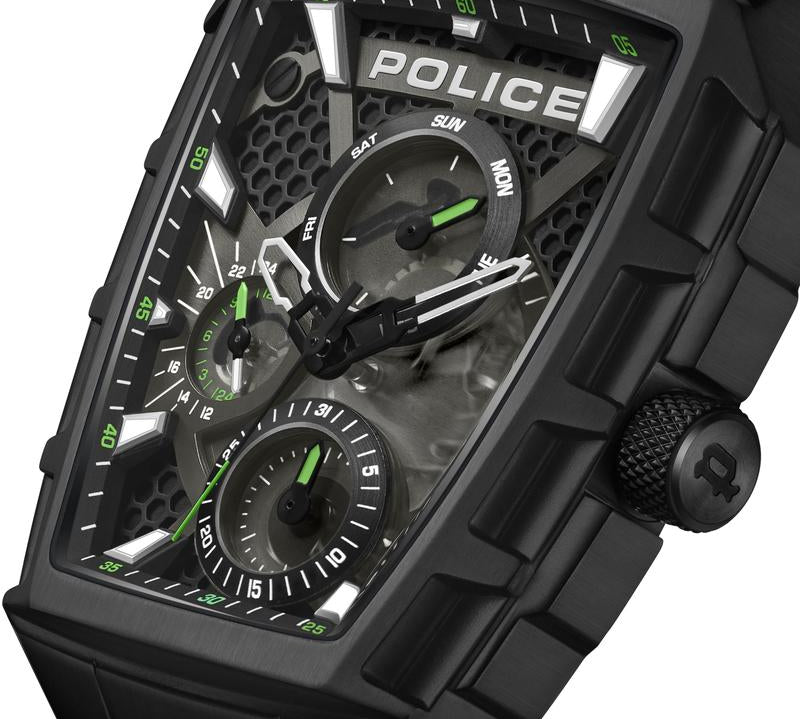 Police Tough Gear men's watch with black metal case, honeycomb dial, green accents, and durable black silicon strap.