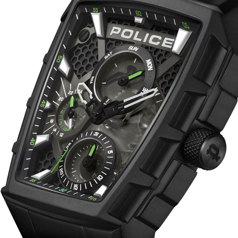Police Tough Gear men's watch with black metal case, honeycomb dial, green accents, and durable black silicon strap.