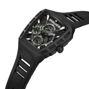 Police Men Tough Gear watch with a black metal case, honeycomb dial, green accents, and a durable black silicon strap.