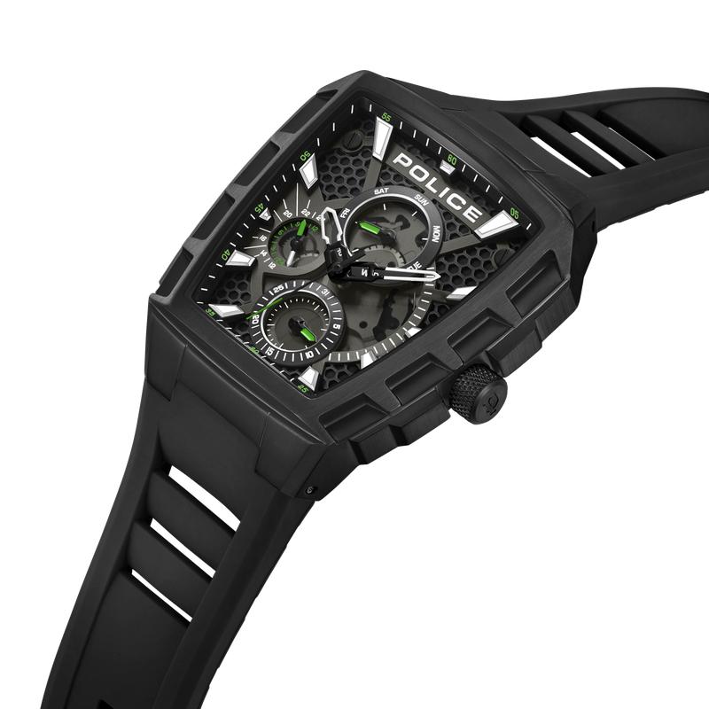 Police Men Tough Gear watch with a black metal case, honeycomb dial, green accents, and a durable black silicon strap.