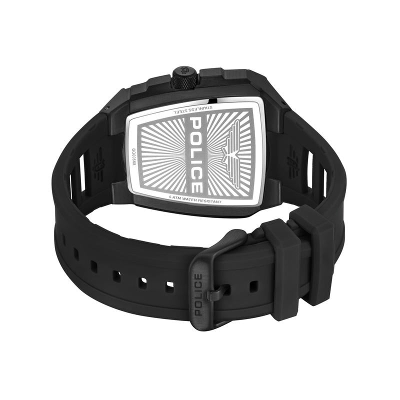 Police Tough Gear men's watch featuring a black metal case, durable silicon strap, and engraved stainless steel back.