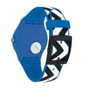 Swatch BLUZAG watch featuring a blue plastic case and a silicone strap with a bold black and white zigzag pattern.