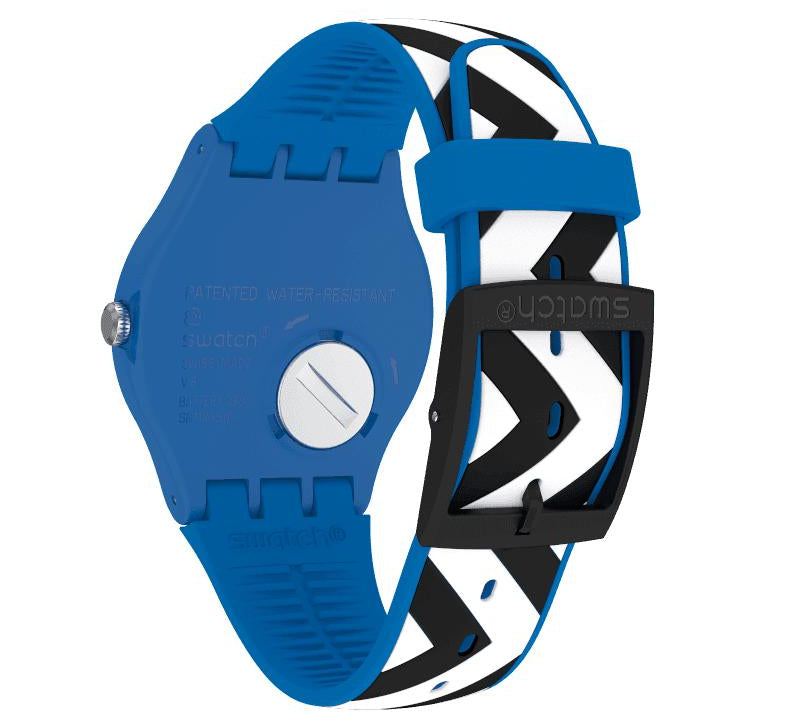 Swatch BLUZAG watch featuring a blue plastic case and a silicone strap with a bold black and white zigzag pattern.