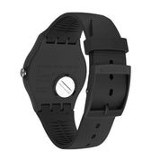 Swatch FREETID New Gent watch in matte black bio-sourced material with a sleek, minimalist 41mm round case and buckle strap.