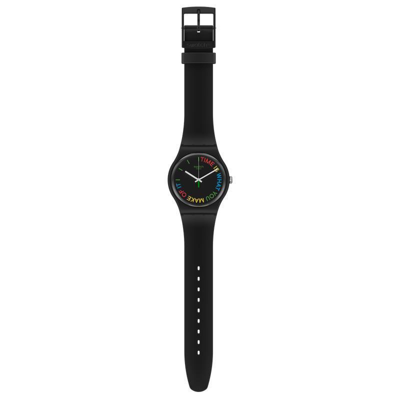 Swatch FREETID black bio-sourced watch featuring a 41mm round case and colorful text on a sleek black dial.