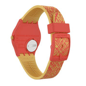 Swatch Gem of New Year watch featuring a vibrant red and yellow patterned silicone strap and durable 34mm plastic case.