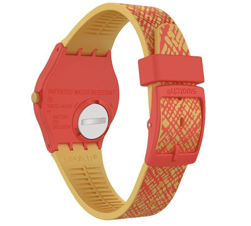 Swatch Gem of New Year watch featuring a vibrant red and yellow patterned silicone strap and durable 34mm plastic case.