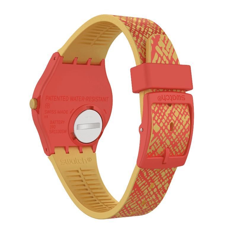 Swatch Gem of New Year watch featuring a vibrant red and yellow patterned silicone strap and durable 34mm plastic case.