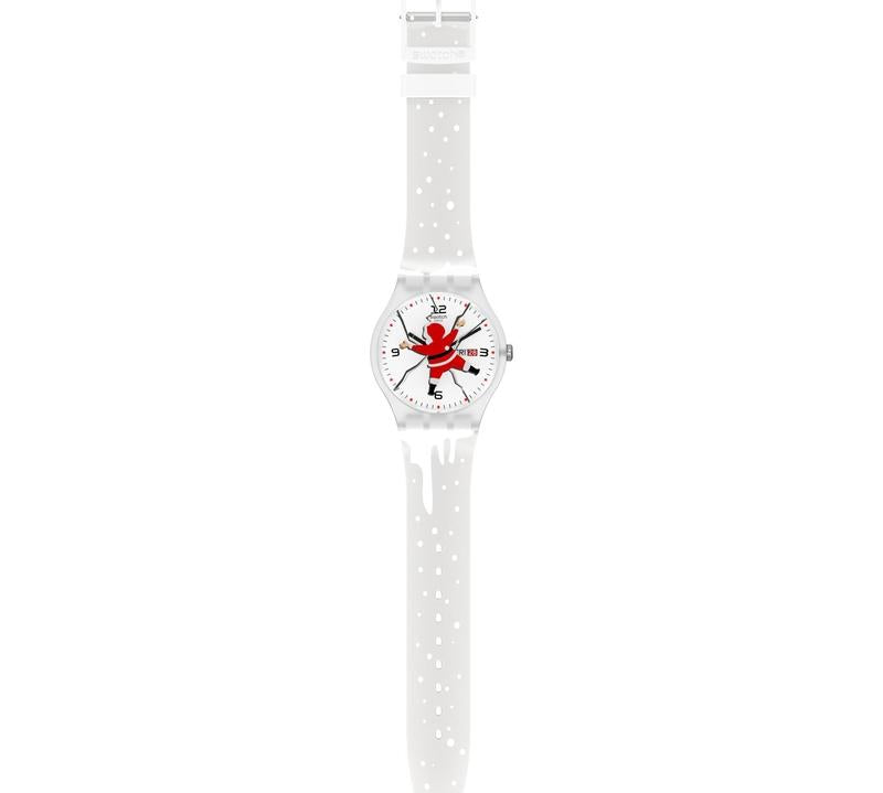 Swatch HoHoOUCH New Gent watch with a white silicone strap, transparent case, and festive Santa dial design.
