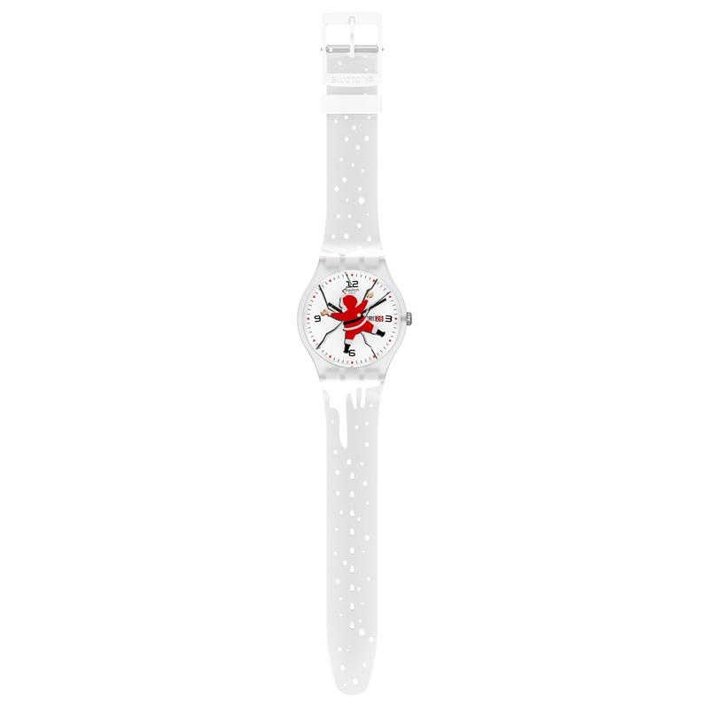Swatch HoHoOUCH New Gent watch with a white silicone strap, transparent case, and festive Santa dial design.