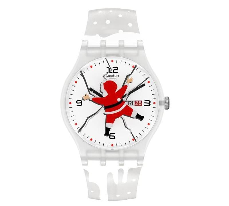 Swatch HoHoOUCH white silicone watch featuring a Santa graphic on a cracked dial with a 41mm transparent plastic case.