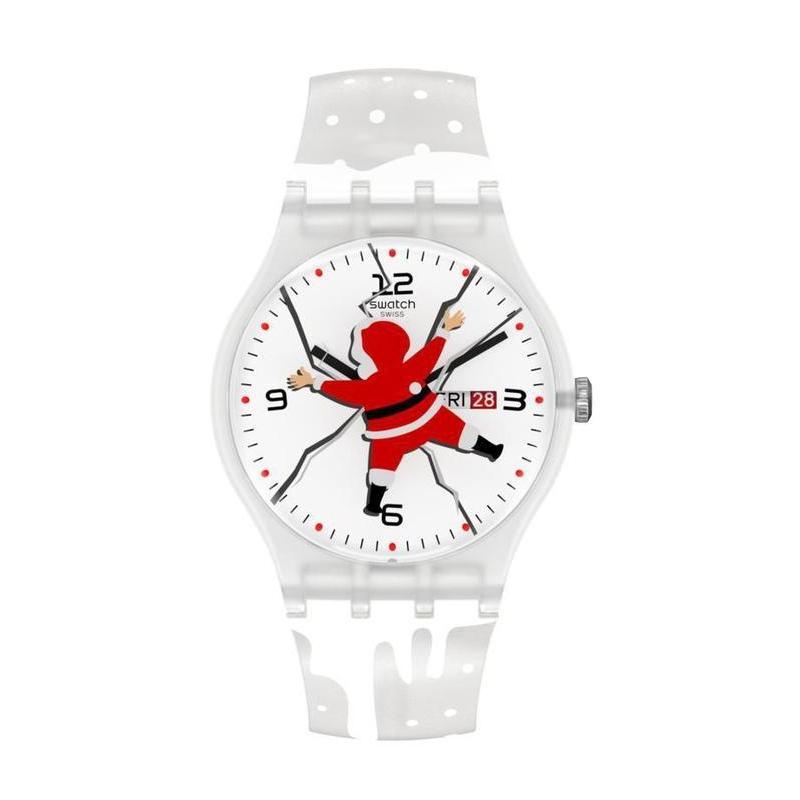 Swatch HoHoOUCH white silicone watch featuring a Santa graphic on a cracked dial with a 41mm transparent plastic case.