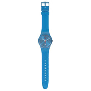 Swatch LAGOONAZING electric blue watch with a 41mm round case, silicone strap, and lustrous Metallify effect.