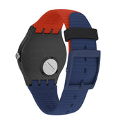 Swatch REVIVAL watch featuring a black plastic case, blue silicone strap, and vibrant red accents with a secure buckle.