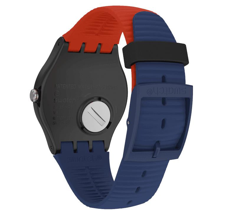 Swatch REVIVAL watch featuring a black plastic case, blue silicone strap, and vibrant red accents with a secure buckle.