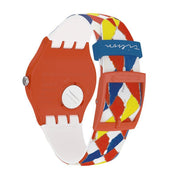 Swatch Joe Tilson Venetian watch with vibrant art-patterned silicone strap, orange plastic case, and white buckle.