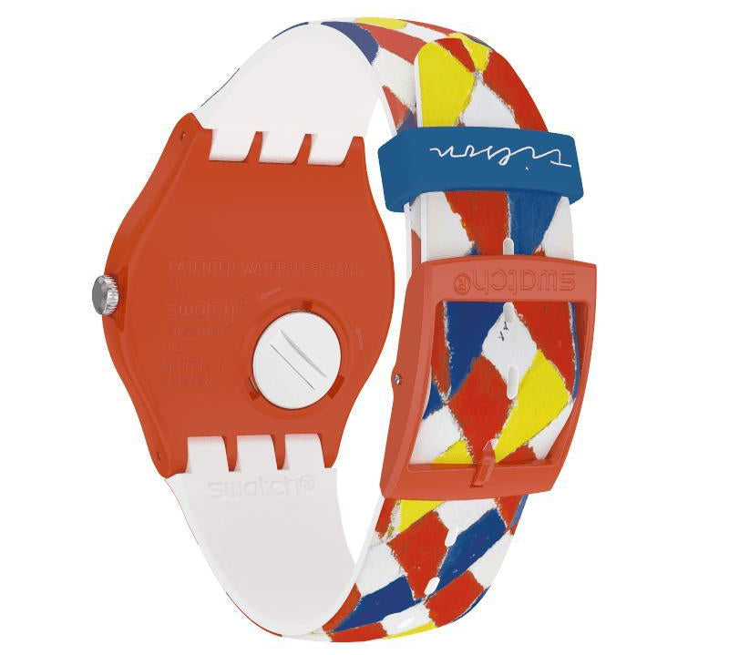 Swatch Joe Tilson Venetian watch with vibrant art-patterned silicone strap, orange plastic case, and white buckle.