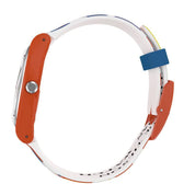 Swatch Joe Tilson Venetian watch with vibrant orange case, white silicone strap, and artistic colorful accents.