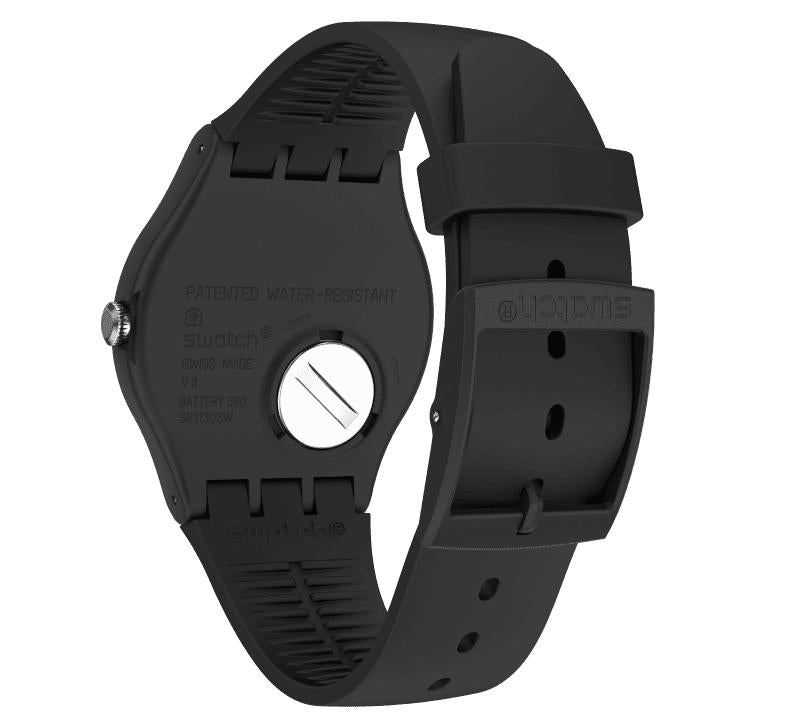 Swatch TIMEFORTIME black bio-sourced watch featuring a 41mm round case and durable matching silicone strap.