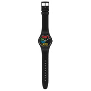 Swatch TIMEFORTIME black bio-sourced watch featuring a 41mm round case and colorful Don't Be Too Late dial text.