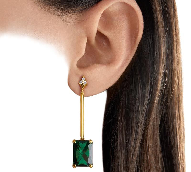 Thomas Sabo 18k gold-plated earrings featuring emerald green octagon stones and sparkling white zirconia on a 5.5cm chain.