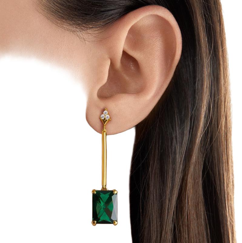 Thomas Sabo 18k gold-plated earrings featuring emerald green octagon stones and sparkling white zirconia on a 5.5cm chain.