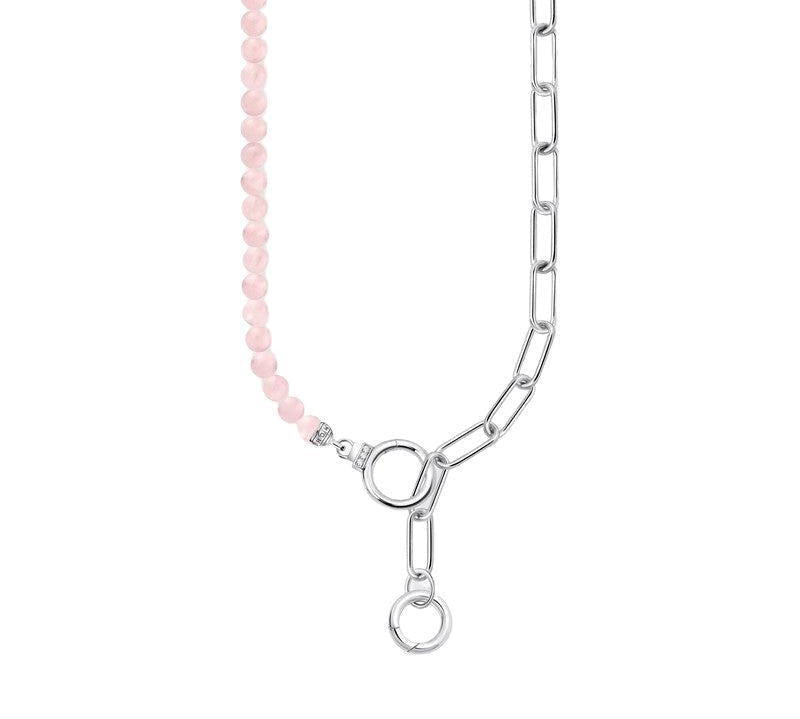 Thomas Sabo necklace featuring recycled silver links and polished rose quartz beads with two stone-studded ring closures.