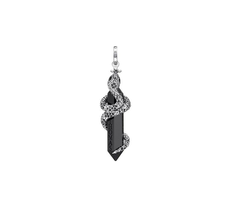 Blackened sterling silver snake pendant coiling around a hexagonal onyx stone with black zirconia accents.