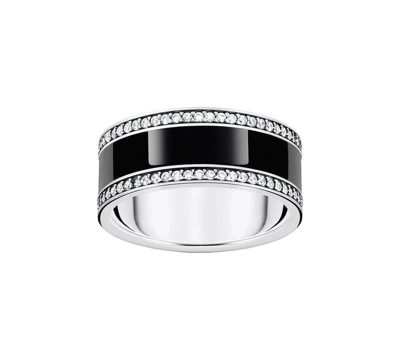 Thomas Sabo Silver Blackened Band Ring with Black cold Enamel and Zirconia