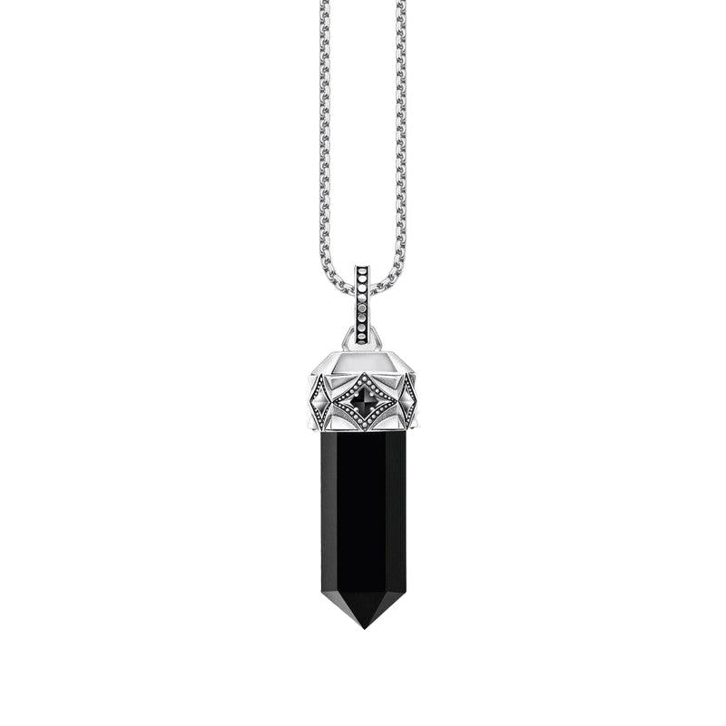 Thomas Sabo blackened silver pendant featuring a hexagon-cut black onyx stone with intricate engraved detailing and zirconia.