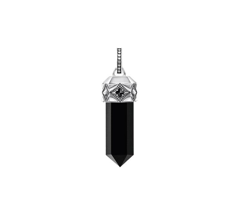 Blackened silver pendant featuring a hexagon-cut black onyx stone, engraved detailing, and black zirconia accents.