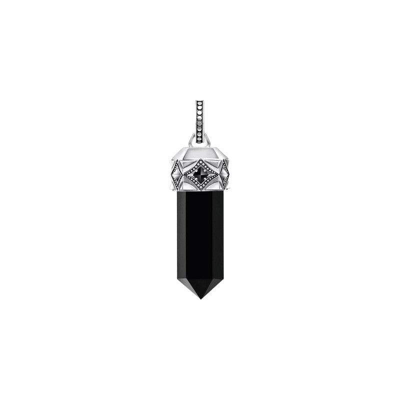Blackened silver pendant featuring a hexagon-cut black onyx stone, engraved detailing, and black zirconia accents.