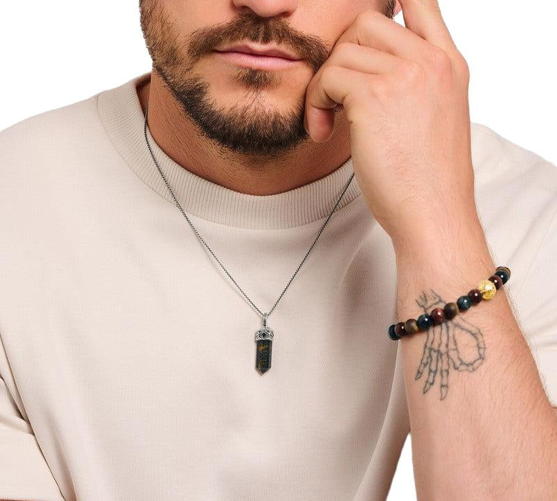 Thomas Sabo Silver Blackened Pendant with Hexagon-cut Gold Blue Tiger's Eye