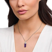 Thomas Sabo blackened silver pendant featuring a hexagonal imitation amethyst with cosmic star and moon symbols on a chain.