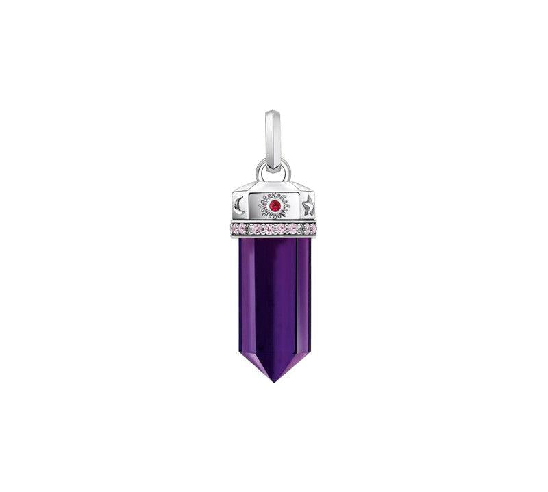 Thomas Sabo blackened silver pendant with hexagon imitation amethyst, cosmic symbols, and pink zirconia accents.