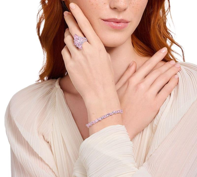 Thomas Sabo cocktail ring in recycled silver with sparkling pink zirconia stones in octagon, pear, and round cuts.