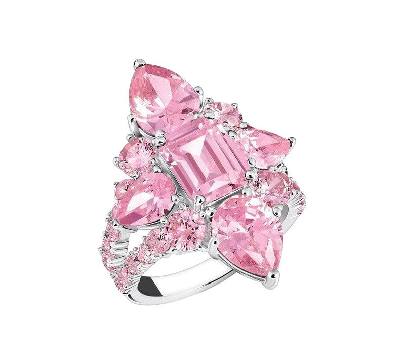 Thomas Sabo cocktail ring in recycled silver featuring sparkling pink zirconia stones in octagon, pear, and round cuts.